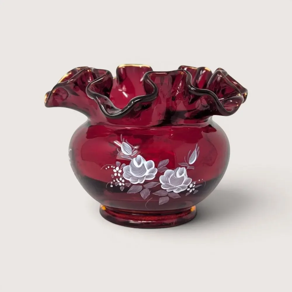 1980s Fenton Ruby Red Glass Hand Painted Ruffled Vase